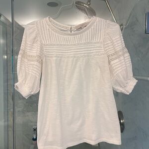 LOFT White Pintuck & Lace Puff Sleeve Blouse
